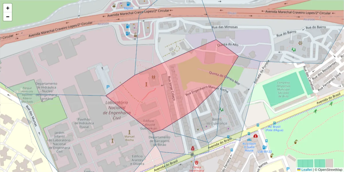 Mapa detalhado do código postal 1700-253 com limites, códigos postais vizinhos e agências dos correios