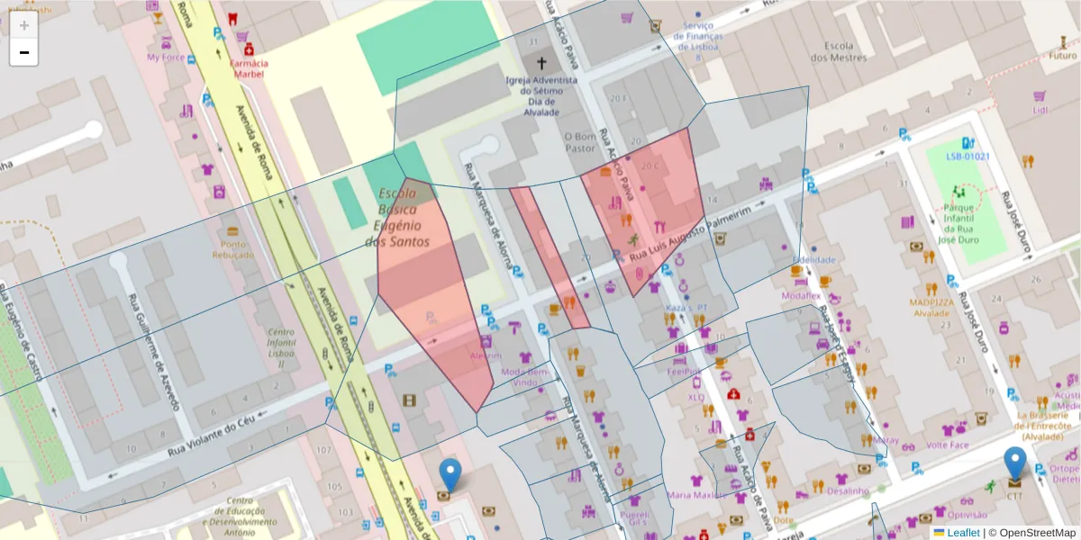 Mapa detalhado do código postal 1700-273 com limites, códigos postais vizinhos e agências dos correios