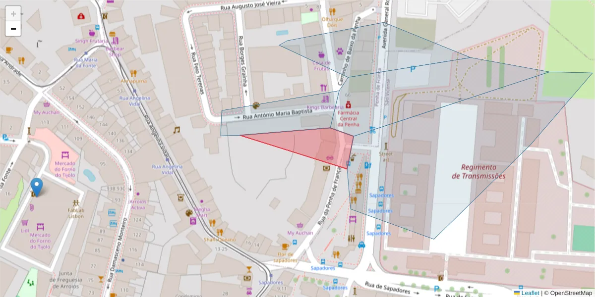 Mapa detalhado do código postal 1700 299 com limites, códigos postais vizinhos e agências dos correios