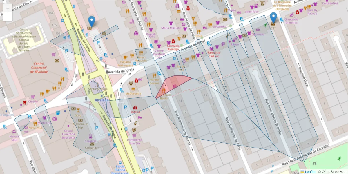 Mapa detalhado do código postal 1700-302 com limites, códigos postais vizinhos e agências dos correios