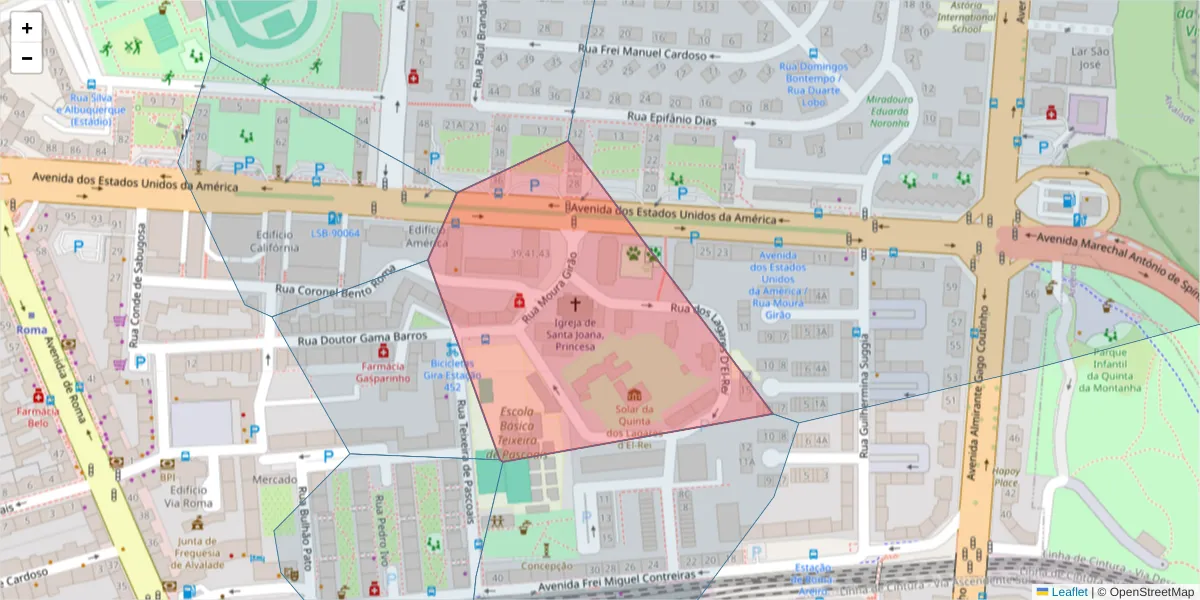 Mapa detalhado do código postal 1700-307 Alvalade com limites, códigos postais vizinhos e agências dos correios