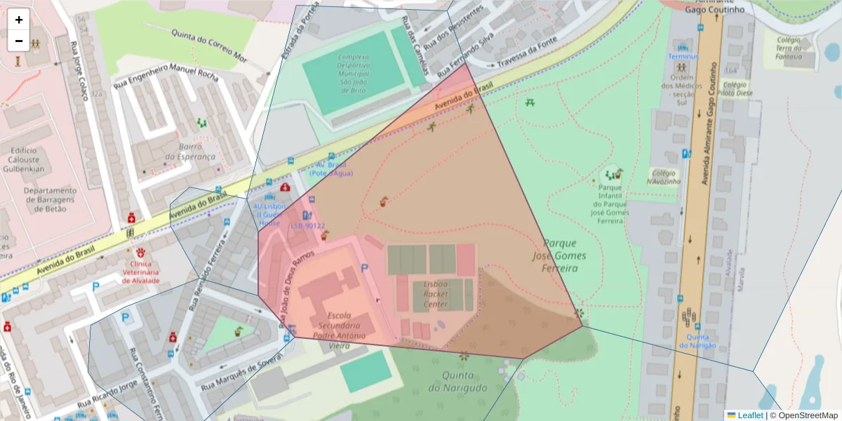 Mapa detalhado do código postal 1700-322 com limites, códigos postais vizinhos e agências dos correios