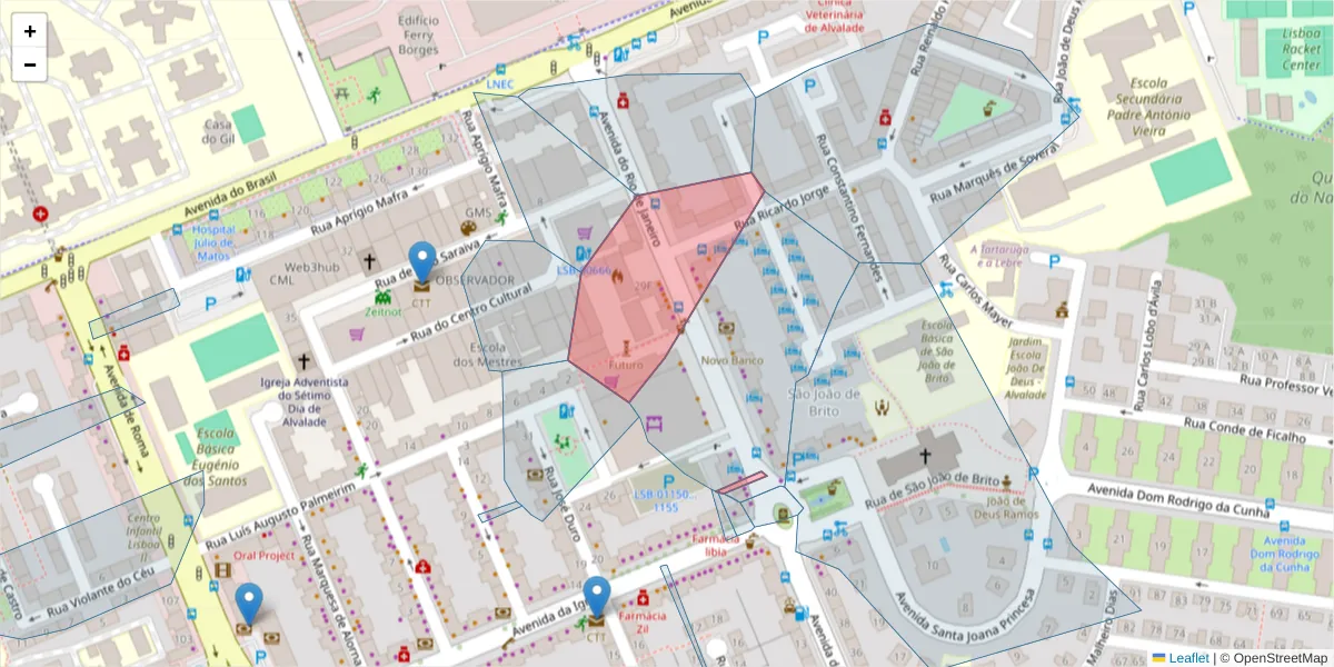 Mapa detalhado do código postal 1700-331 com limites, códigos postais vizinhos e agências dos correios