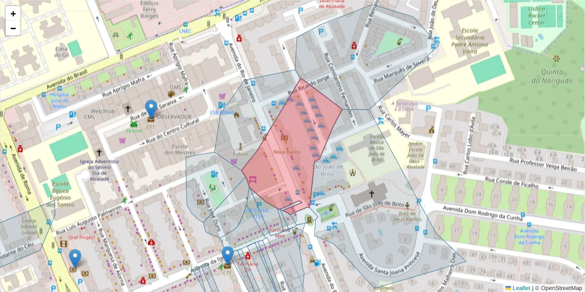 Mapa detalhado do código postal 1700-337 com limites, códigos postais vizinhos e agências dos correios