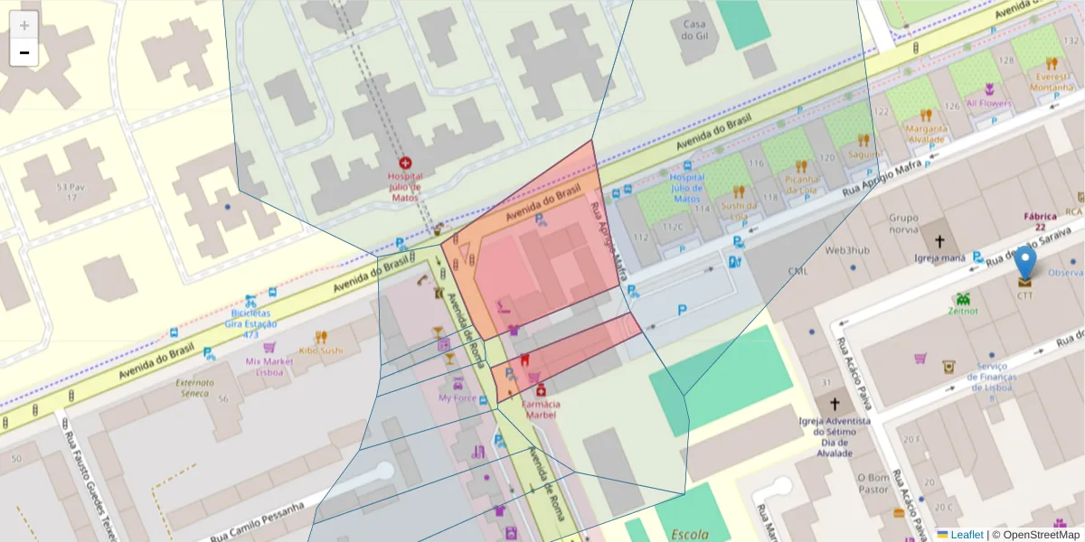Mapa detalhado do código postal 1700-353 com limites, códigos postais vizinhos e agências dos correios