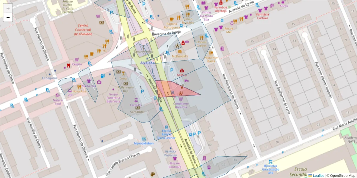 Mapa detalhado do código postal 1718-001 com limites, códigos postais vizinhos e agências dos correios