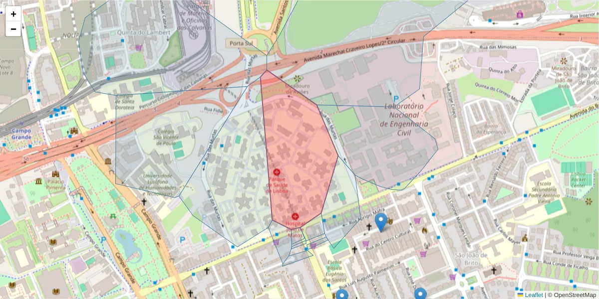 Mapa detalhado do código postal 1749-002 com limites, códigos postais vizinhos e agências dos correios