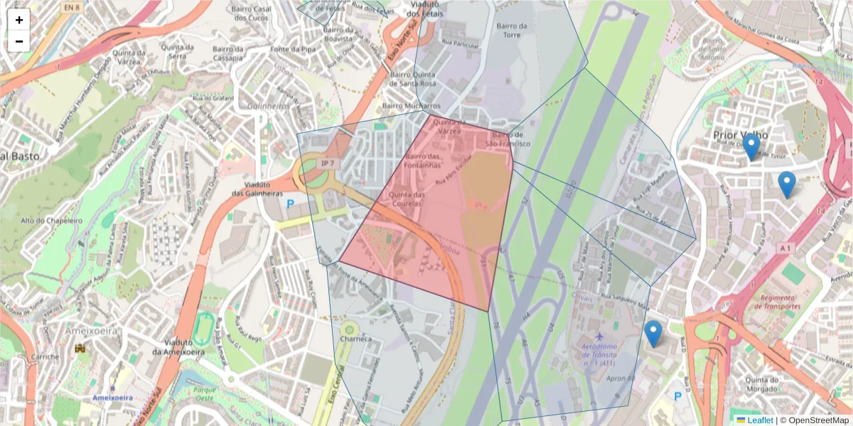 Mapa detalhado do código postal 1750-025 com limites, códigos postais vizinhos e agências dos correios