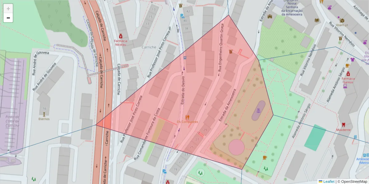 Mapa detalhado do código postal 1750-099 com limites, códigos postais vizinhos e agências dos correios