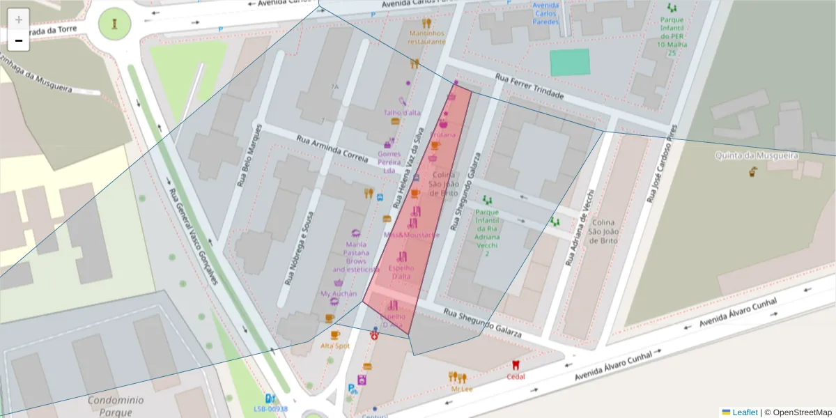 Mapa detalhado do código postal 1750-105 com limites, códigos postais vizinhos e agências dos correios