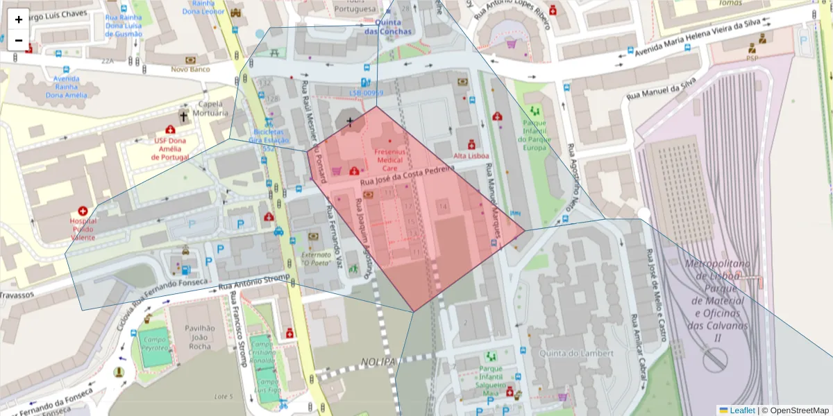 Mapa detalhado do código postal 1750-126 com limites, códigos postais vizinhos e agências dos correios