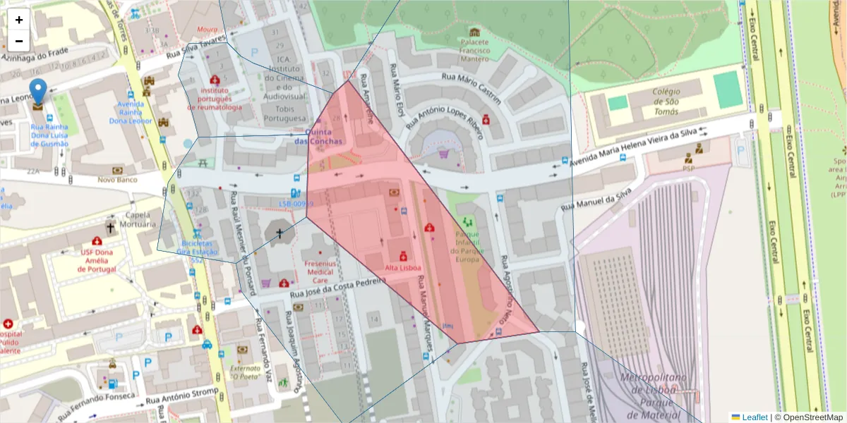 Mapa detalhado do código postal 1750-170 com limites, códigos postais vizinhos e agências dos correios