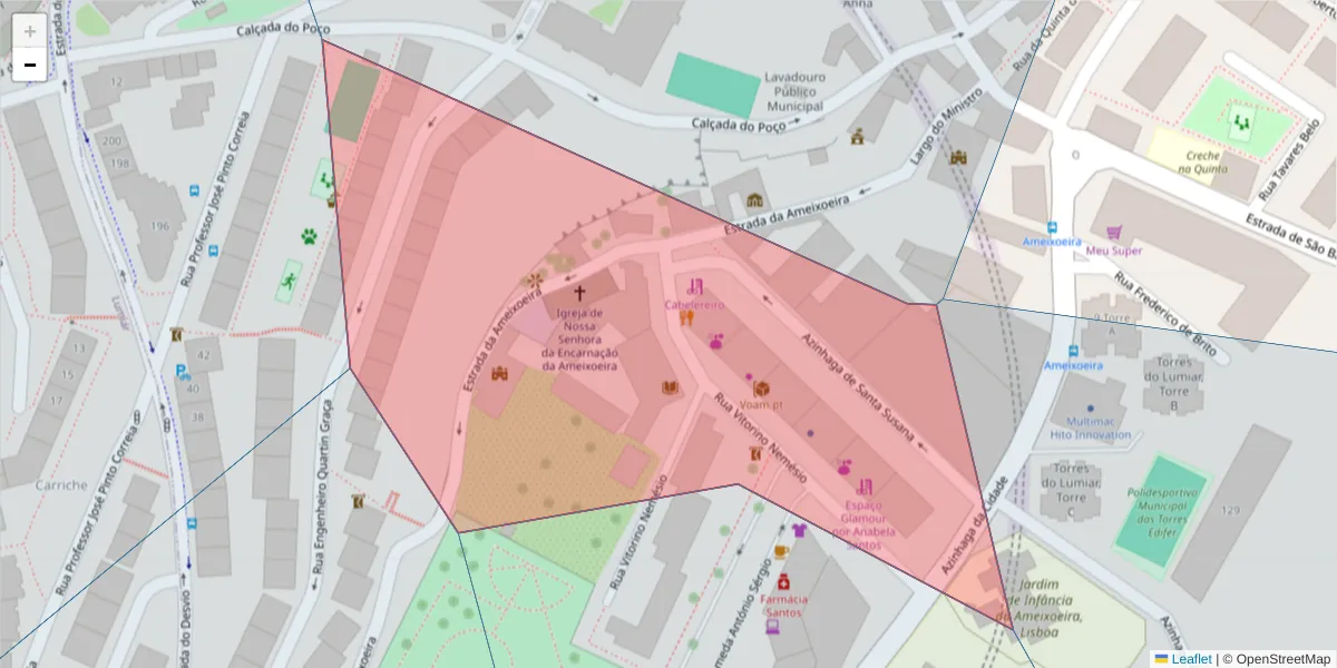 Mapa detalhado do código postal 1750-307 com limites, códigos postais vizinhos e agências dos correios