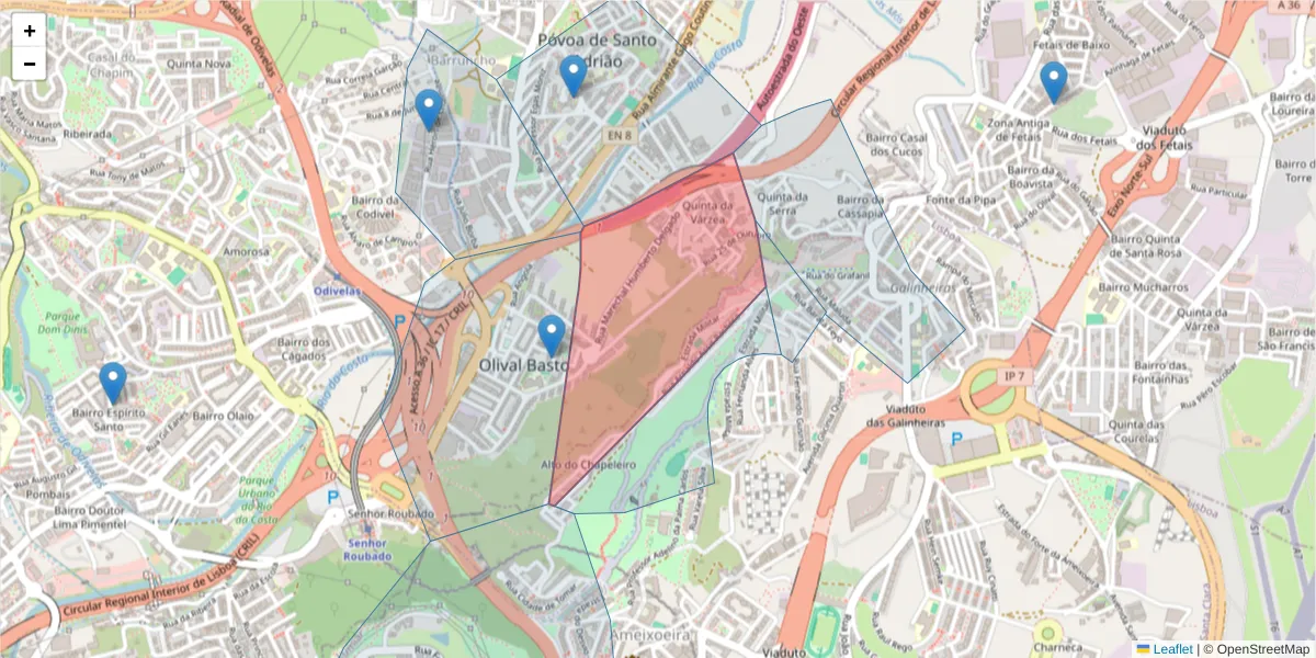 Mapa detalhado do código postal 1750-395 com limites, códigos postais vizinhos e agências dos correios