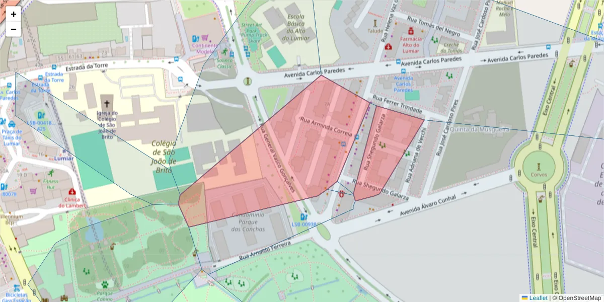 Mapa detalhado do código postal 1750-441 com limites, códigos postais vizinhos e agências dos correios
