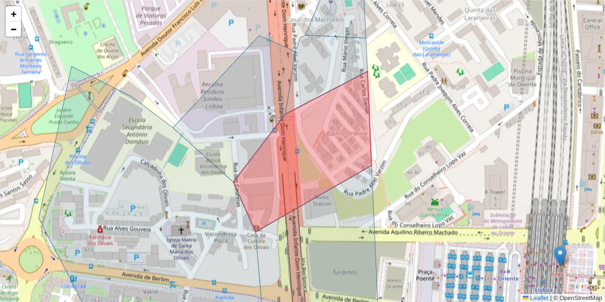 Mapa detalhado do código postal 1800-002 com limites, códigos postais vizinhos e agências dos correios