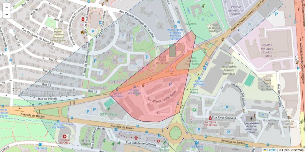 Mapa detalhado do código postal 1800-009 com limites, códigos postais vizinhos e agências dos correios