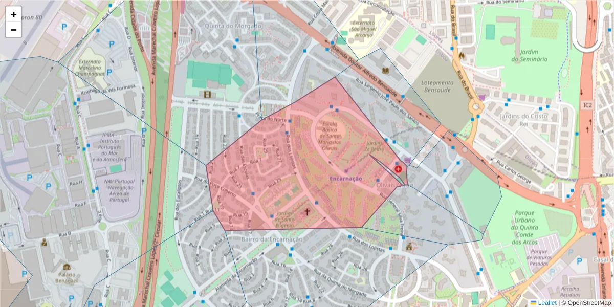 Mapa detalhado do código postal 1800-050 com limites, códigos postais vizinhos e agências dos correios