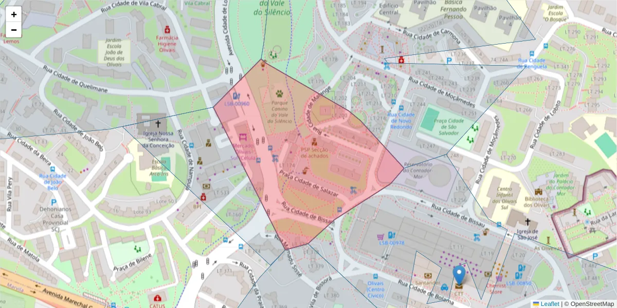 Mapa detalhado do código postal 1800-125 com limites, códigos postais vizinhos e agências dos correios