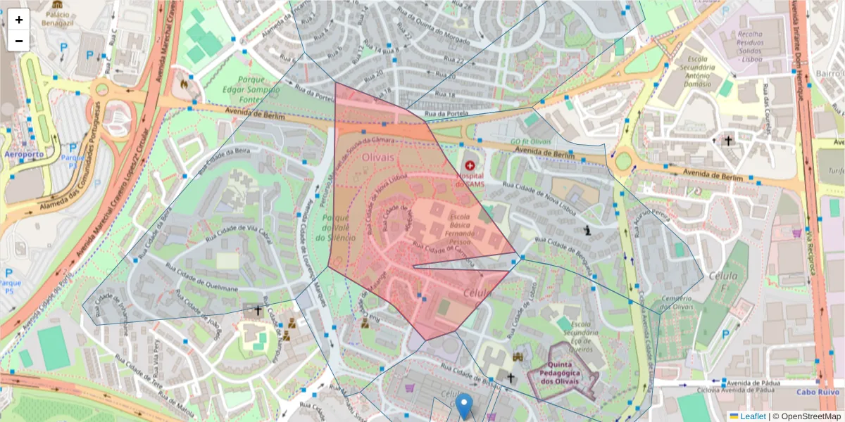 Mapa detalhado do código postal 1800-204 com limites, códigos postais vizinhos e agências dos correios