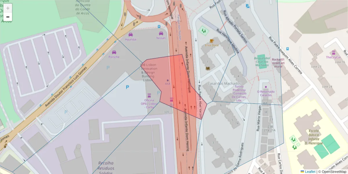 Mapa detalhado do código postal 1800-220 com limites, códigos postais vizinhos e agências dos correios