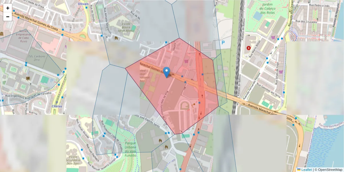 Mapa detalhado do código postal 1800-999 com limites, códigos postais vizinhos e agências dos correios