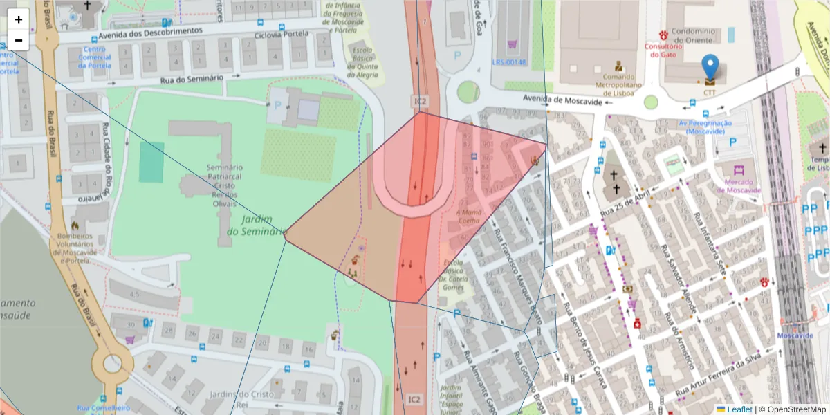Mapa detalhado do código postal 1885-034 com limites, códigos postais vizinhos e agências dos correios