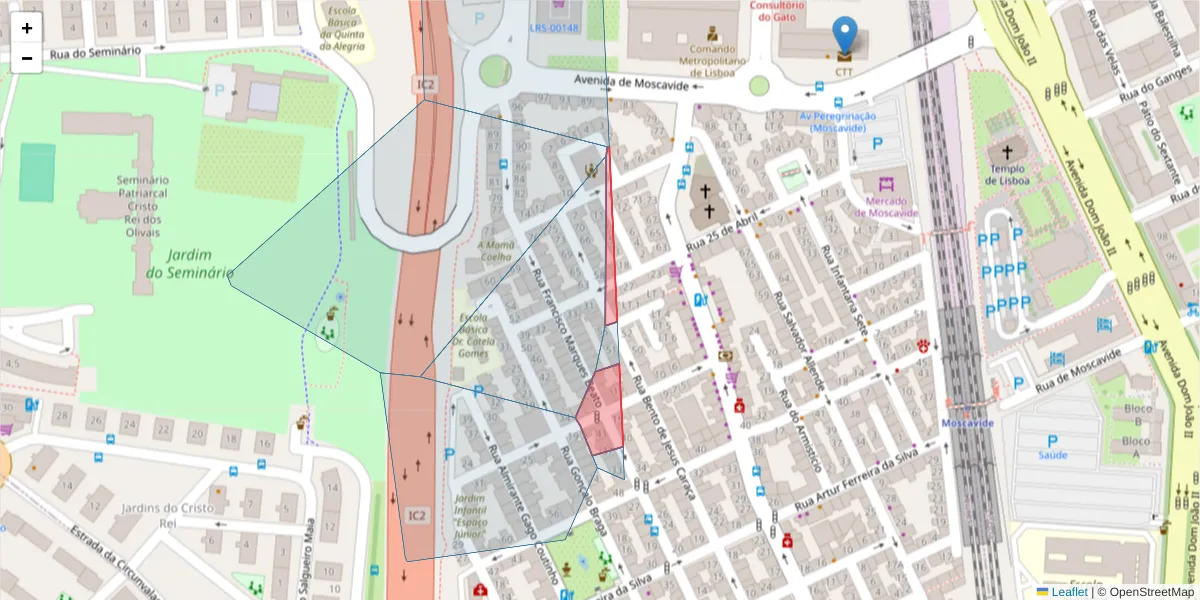 Mapa detalhado do código postal 1885-065 com limites, códigos postais vizinhos e agências dos correios