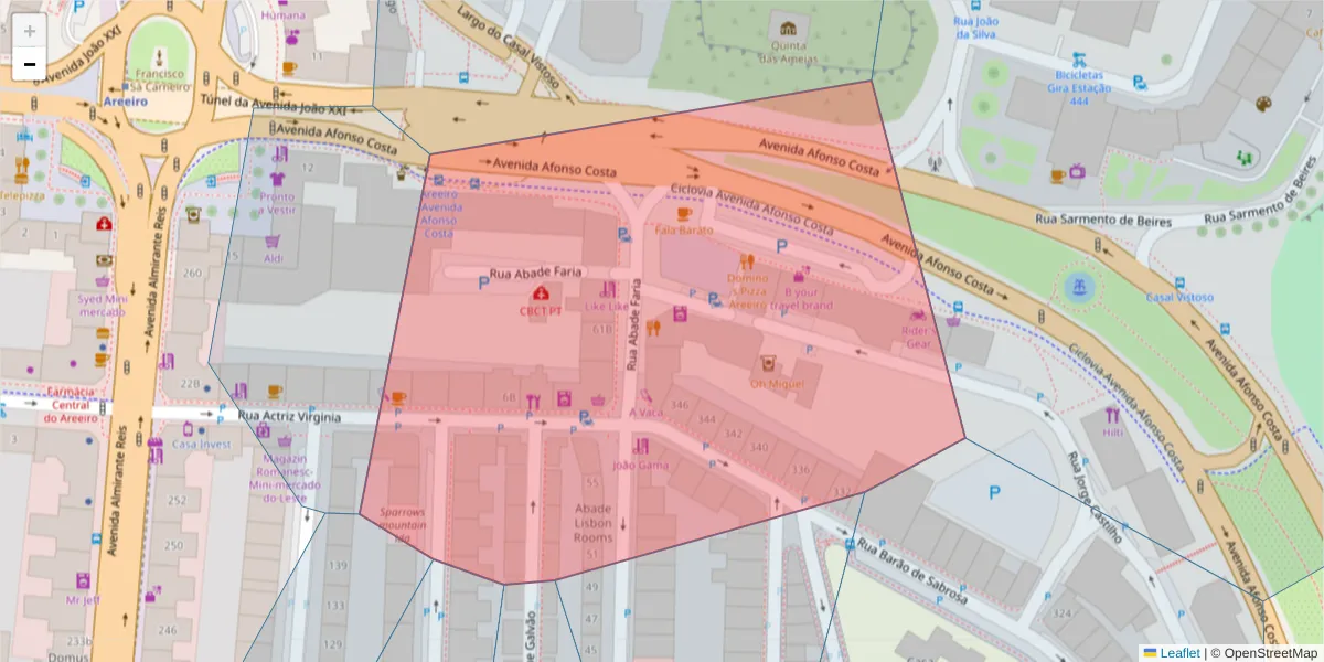 Mapa detalhado do código postal 1900-005 com limites, códigos postais vizinhos e agências dos correios