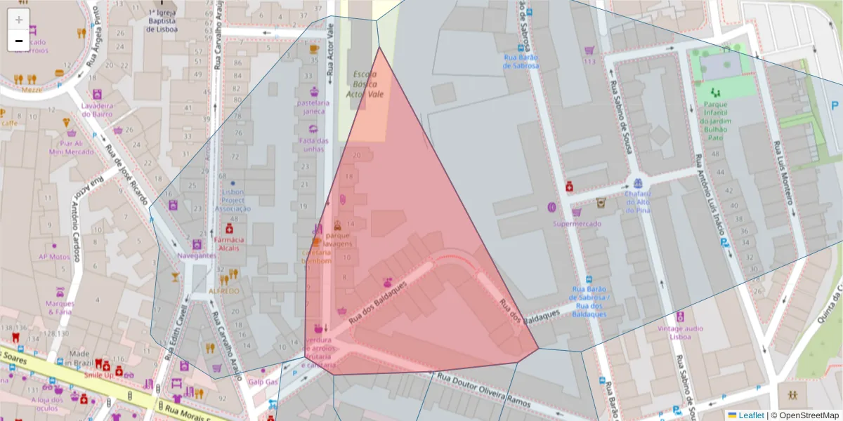 Mapa detalhado do código postal 1900-025 com limites, códigos postais vizinhos e agências dos correios