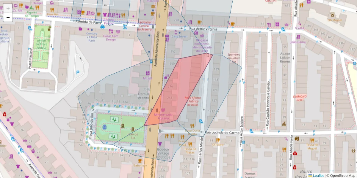 Mapa detalhado do código postal 1900-027 com limites, códigos postais vizinhos e agências dos correios