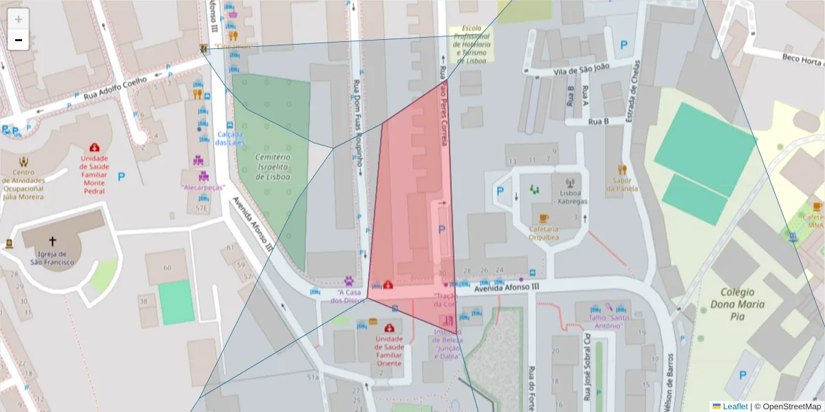 Mapa detalhado do código postal 1900-046 com limites, códigos postais vizinhos e agências dos correios