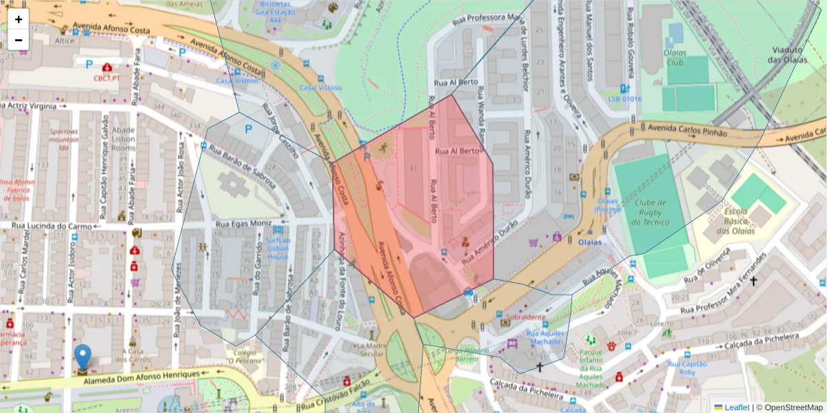 Mapa detalhado do código postal 1900-063 com limites, códigos postais vizinhos e agências dos correios