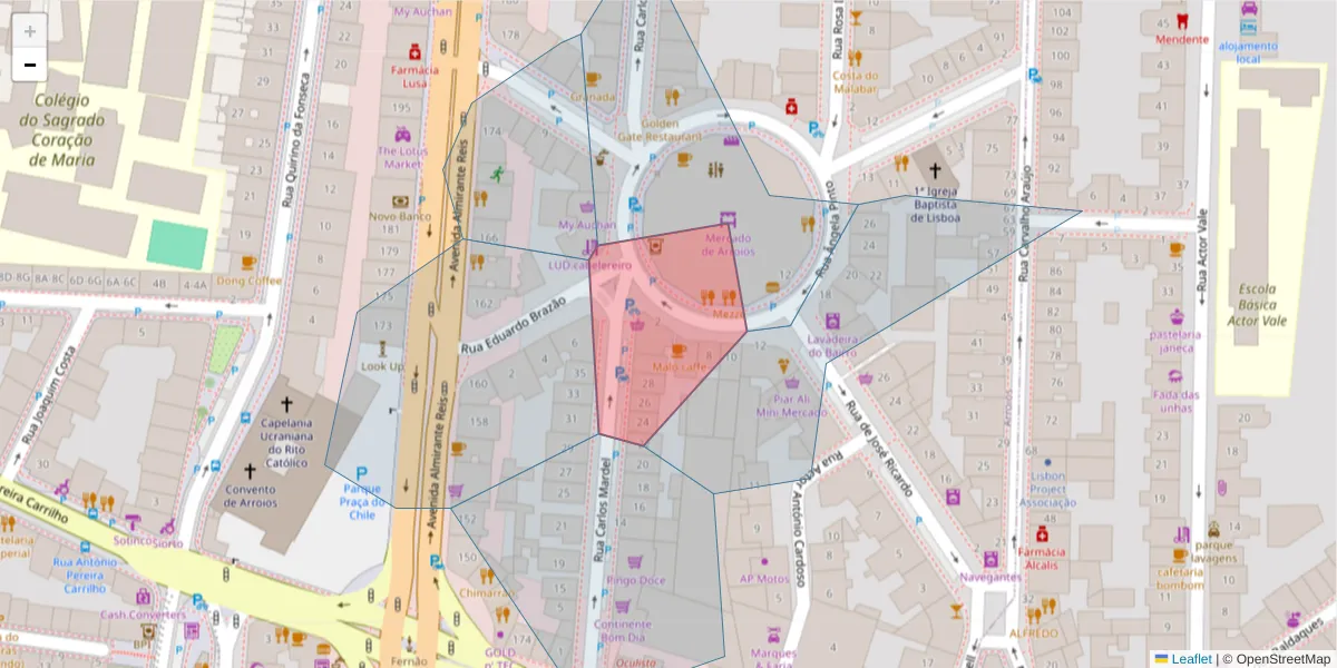 Mapa detalhado do código postal 1900-068 com limites, códigos postais vizinhos e agências dos correios