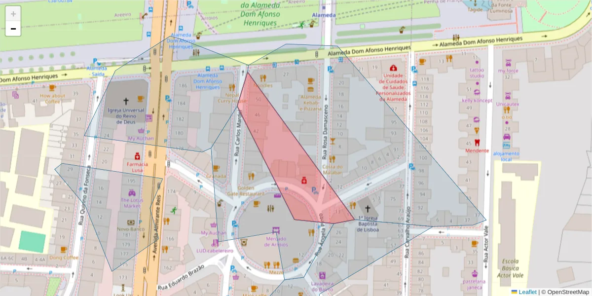 Mapa detalhado do código postal 1900-069 São Jorge de Arroios com limites, códigos postais vizinhos e agências dos correios