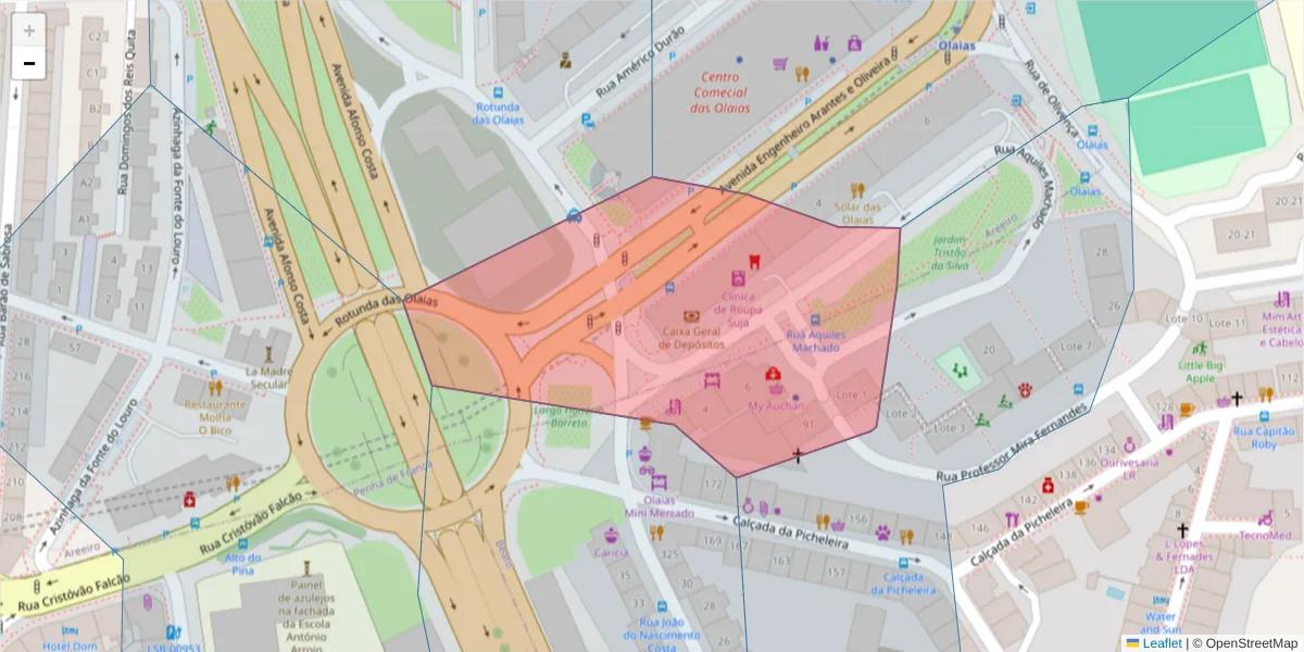 Mapa detalhado do código postal 1900-077 com limites, códigos postais vizinhos e agências dos correios