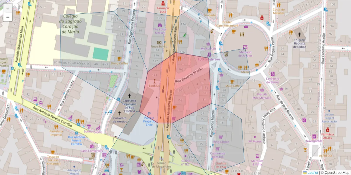 Mapa detalhado do código postal 1900-118 com limites, códigos postais vizinhos e agências dos correios