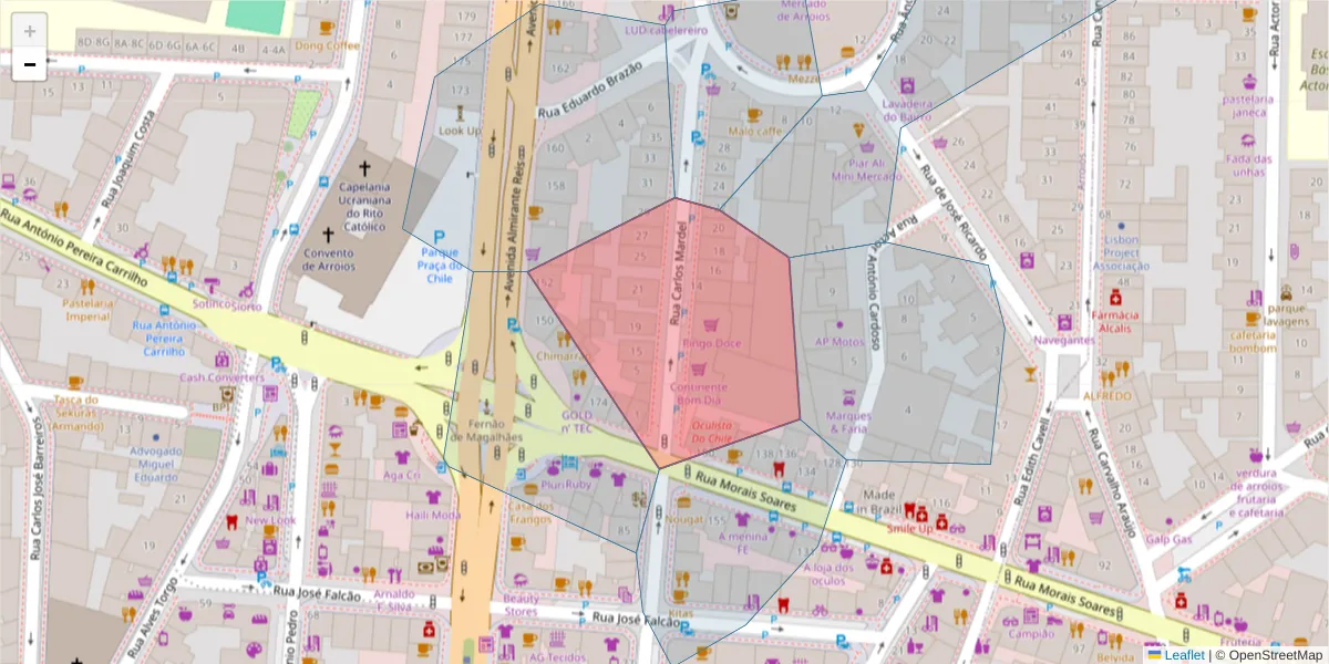 Mapa detalhado do código postal 1900-122 com limites, códigos postais vizinhos e agências dos correios
