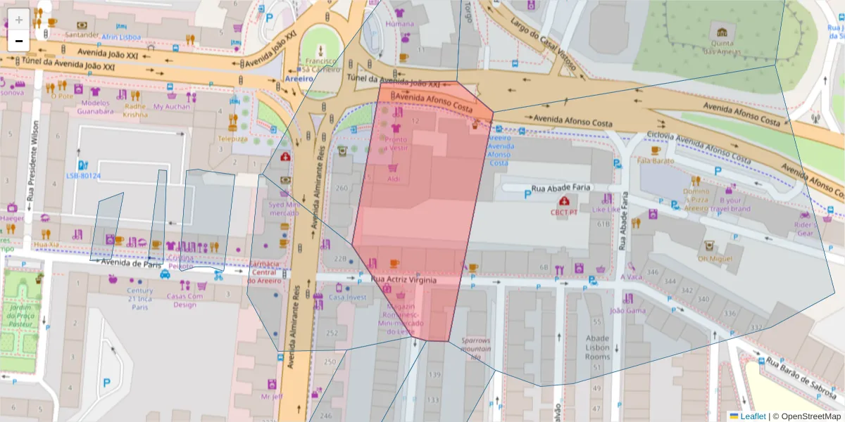 Mapa detalhado do código postal 1900-134 com limites, códigos postais vizinhos e agências dos correios