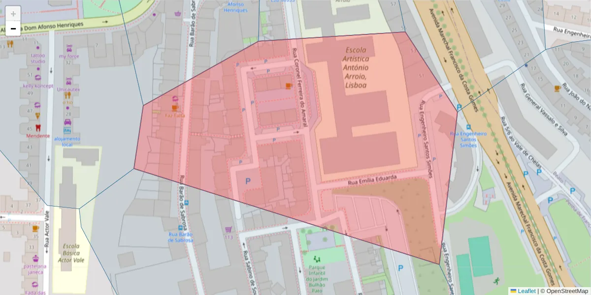 Mapa detalhado do código postal 1900-165 com limites, códigos postais vizinhos e agências dos correios
