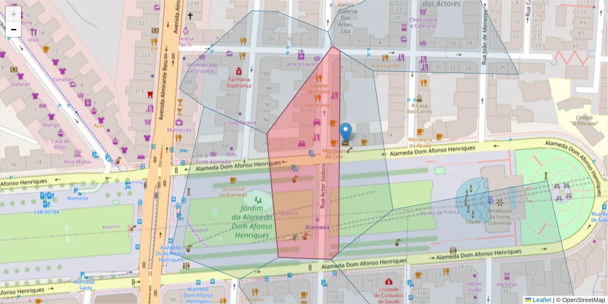 Mapa detalhado do código postal 1900-182 com limites, códigos postais vizinhos e agências dos correios