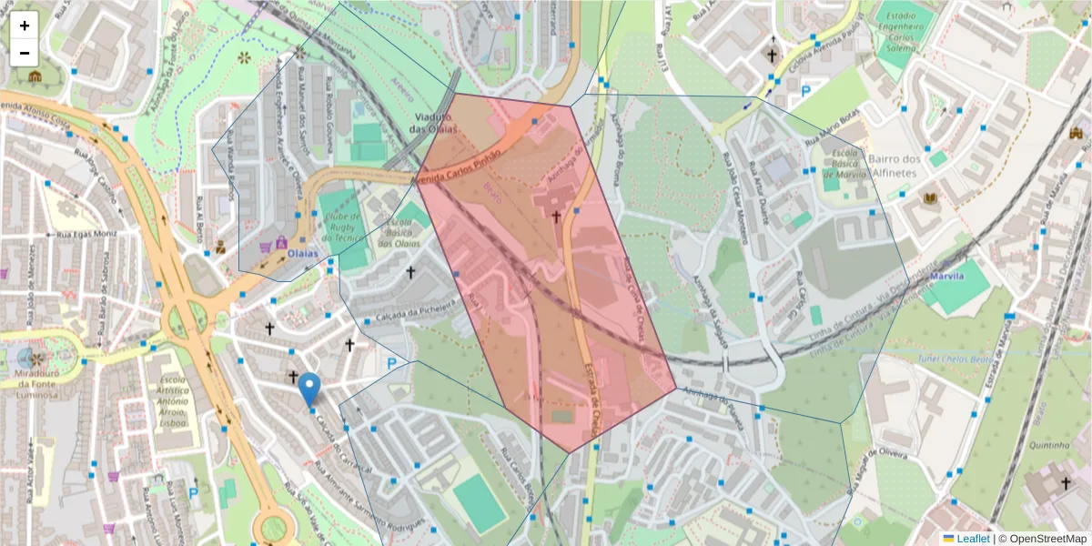 Mapa detalhado do código postal 1900-206 com limites, códigos postais vizinhos e agências dos correios