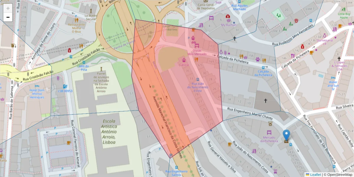 Mapa detalhado do código postal 1900-258 com limites, códigos postais vizinhos e agências dos correios