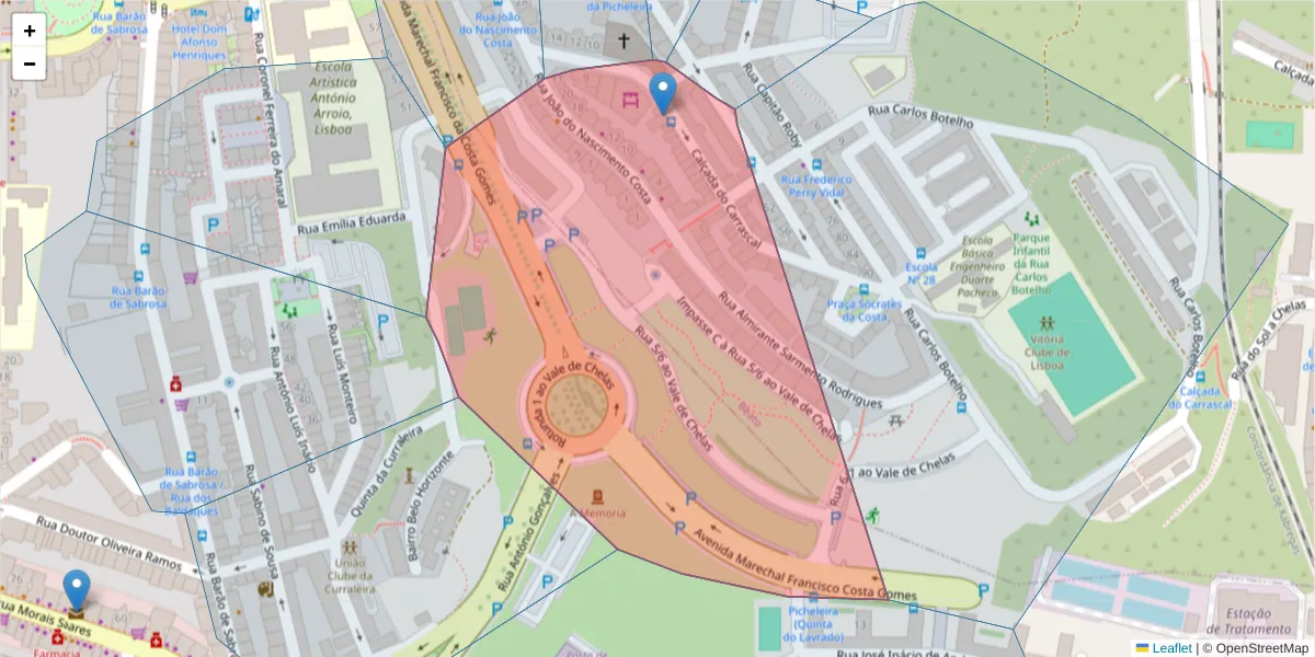 Mapa detalhado do código postal 1900-269 com limites, códigos postais vizinhos e agências dos correios