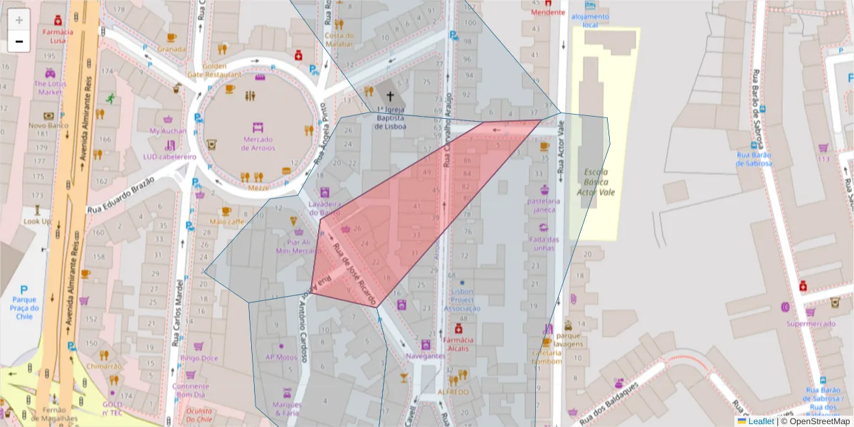 Mapa detalhado do código postal 1900-286 com limites, códigos postais vizinhos e agências dos correios