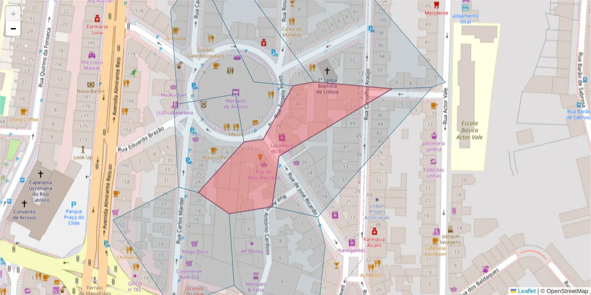 Mapa detalhado do código postal 1900-287 com limites, códigos postais vizinhos e agências dos correios