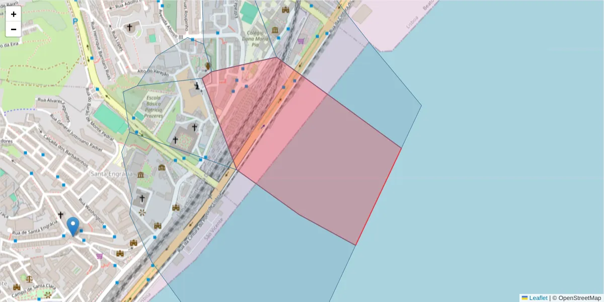 Mapa detalhado do código postal 1900-290 com limites, códigos postais vizinhos e agências dos correios
