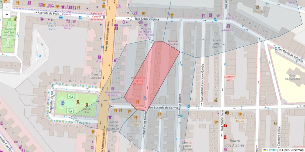 Mapa detalhado do código postal 1900-303 com limites, códigos postais vizinhos e agências dos correios