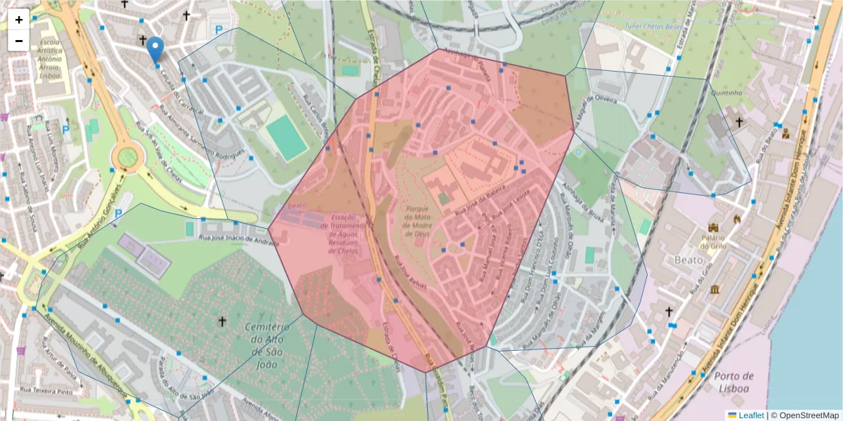 Mapa detalhado do código postal 1900-311 com limites, códigos postais vizinhos e agências dos correios