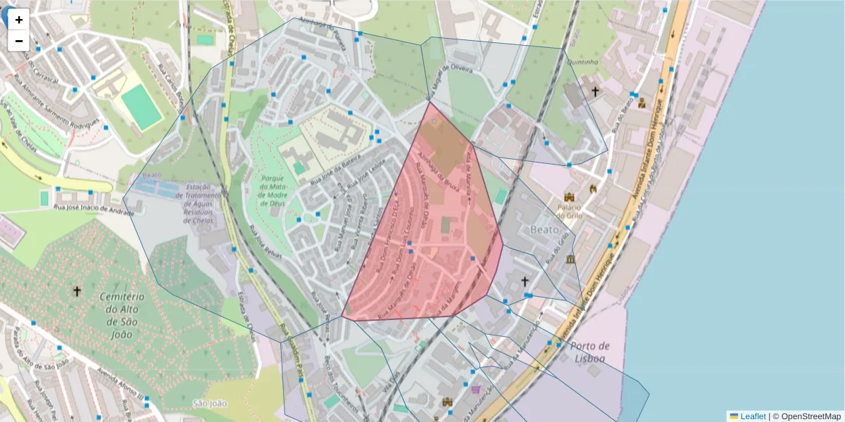 Mapa detalhado do código postal 1900-325 Beato com limites, códigos postais vizinhos e agências dos correios